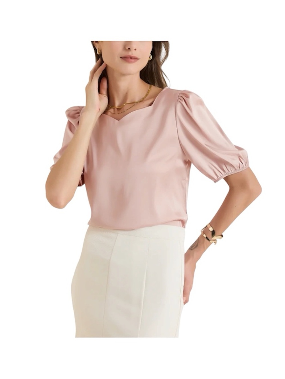 Women's Sweetheart Neck Half Sleeve Office Work Satin Blouse Large Pink